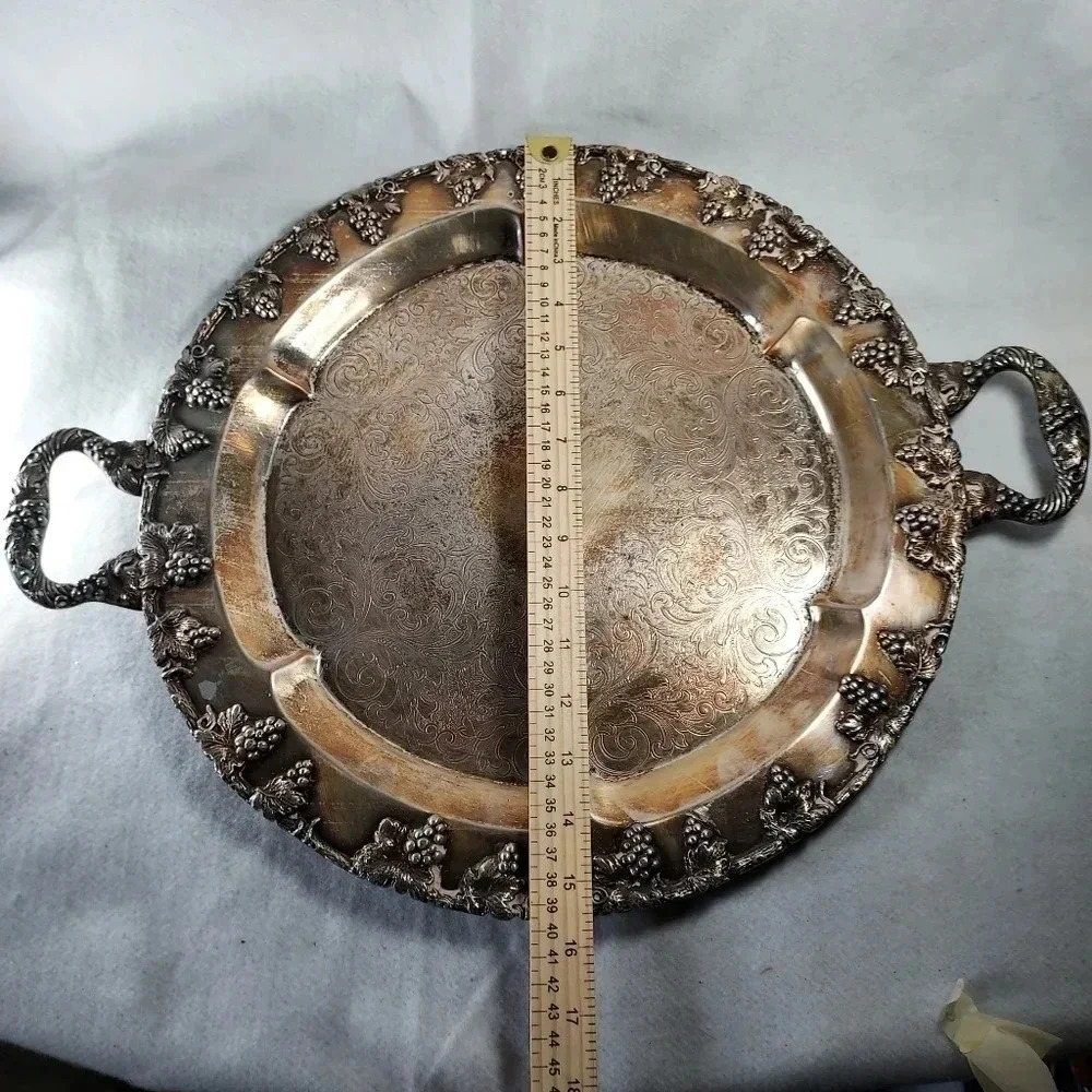 Silver Round Plate Tray With Handles and Grape Bunches Designs - Picture 2 of 5